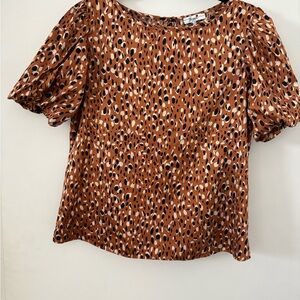 Tan and Brown Puff Sleeve Blouse with Relaxed Fit